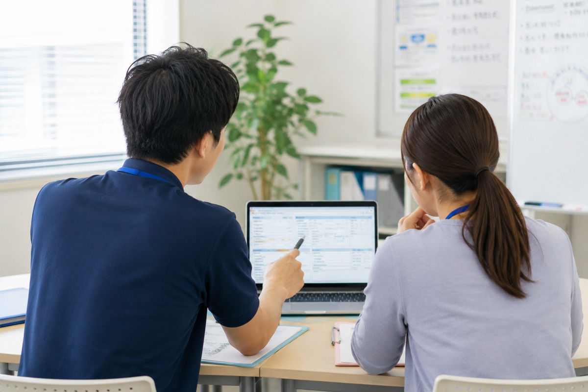 男性と女性の支援員がPCを見ながら支援のケース会議をしている後ろ姿